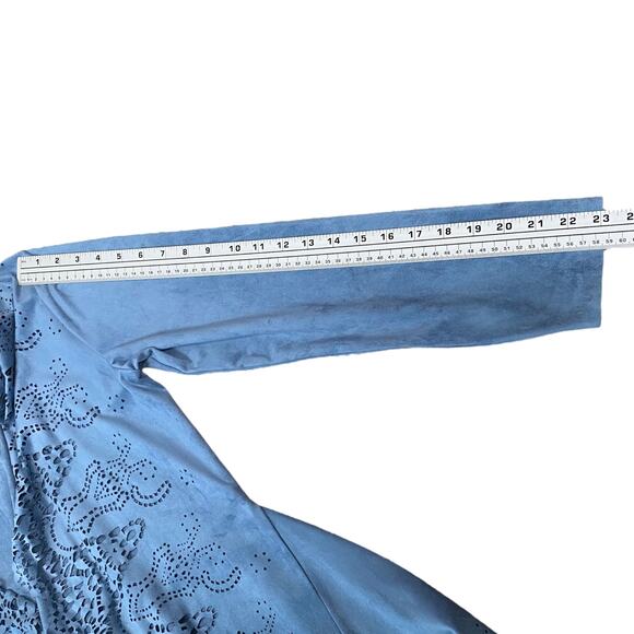 Alberto Makali Light Blue Faux Suede Laser Cut Waterfall Flyaway Cardigan SZ L - Picture 13 of 13
